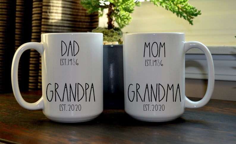 Pregnancy Reveal Set for Grandpa & Grandma Coffee Mug ~ Date can be changed! 